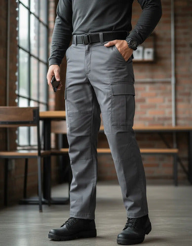 Pantalón Táctico Militar Comando Bolsas De Cargo Gabardina Gris Casual Trabajo Rudo Unifor